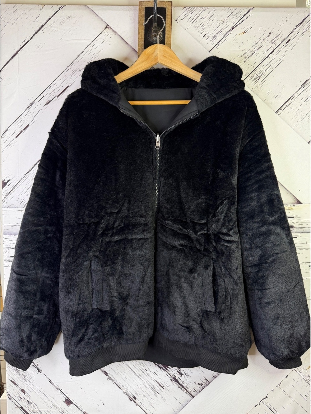 Faux Fur Fall Trending Fashion Reversible Bomber Hooded Black Jacket Women’s M/L